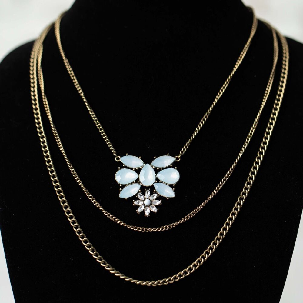 Multi Strand Statement Necklace Light Blue Rhinestone Flower Gold Tone Chain